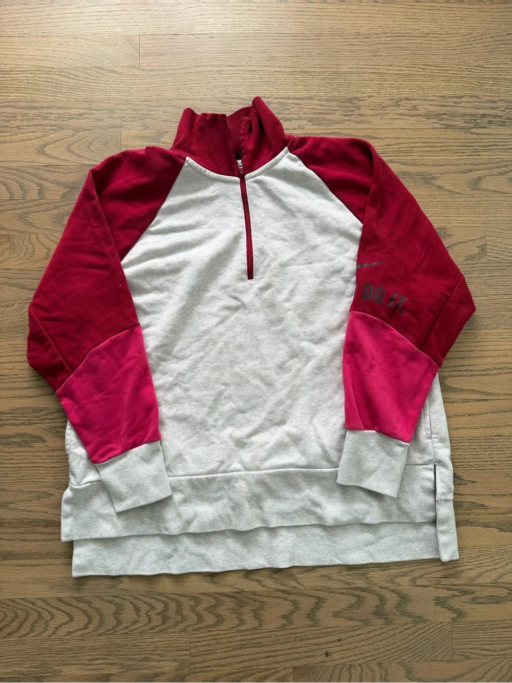 Nike Women's Half-Zip Sweater in Gray with Burgundy & Pink Sleeves